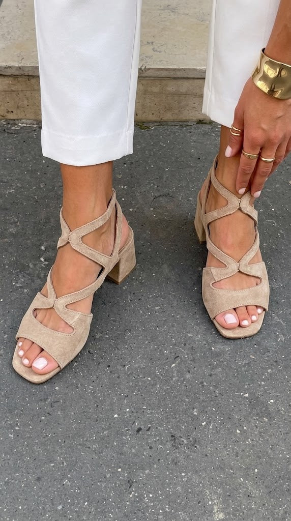 Beige Block Heels with Square Toe and Straps