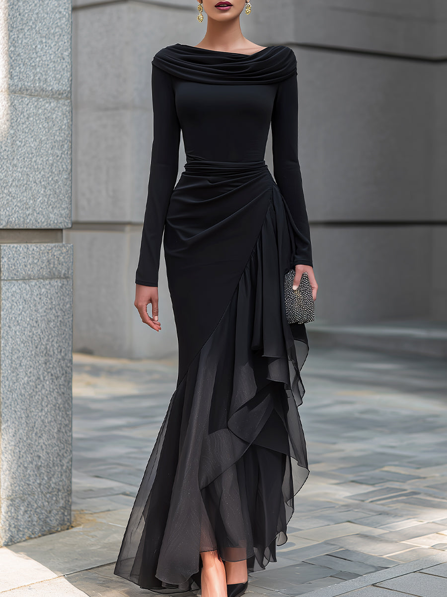 Black Draped Off Shoulder Cowl Neck Long Sleeve Ruffle Mermaid Maxi Dress