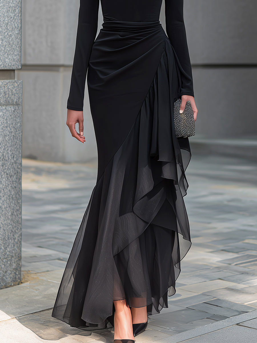 Black Draped Off Shoulder Cowl Neck Long Sleeve Ruffle Mermaid Maxi Dress
