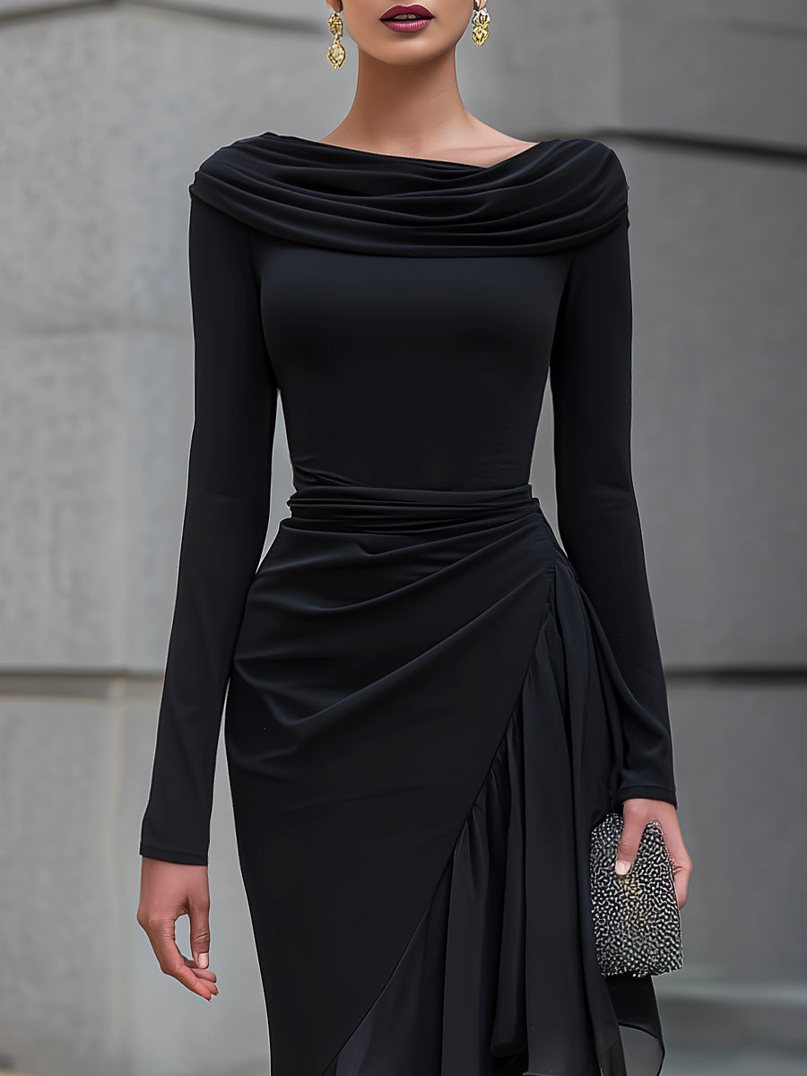 Black Draped Off Shoulder Cowl Neck Long Sleeve Ruffle Mermaid Maxi Dress