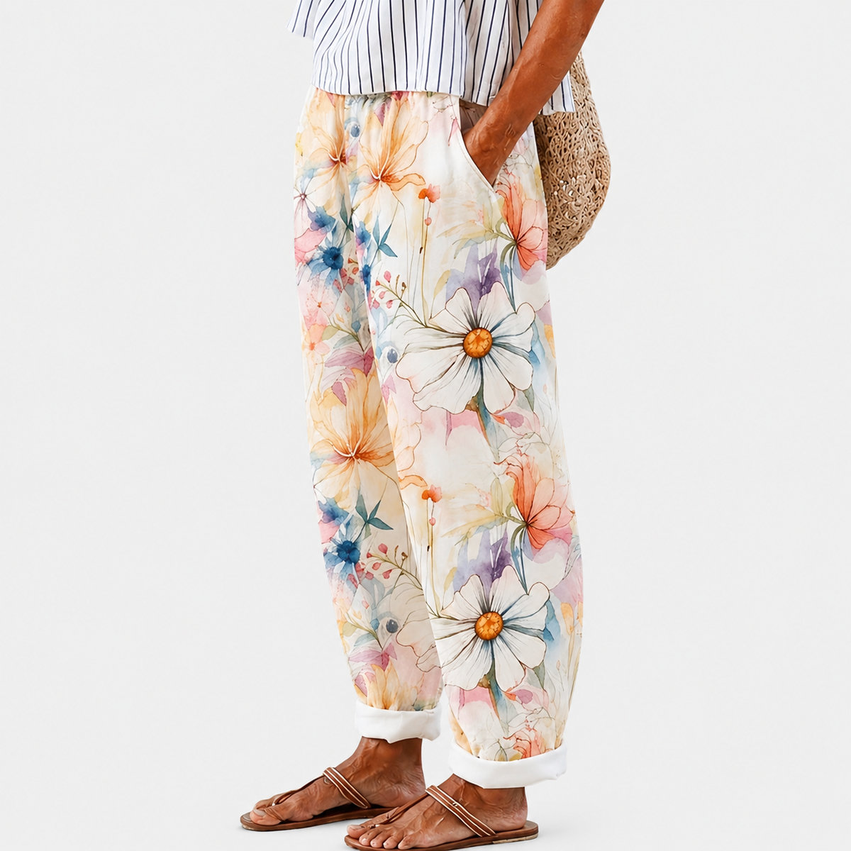 Comfort trousers with pastel flowers in watercolour