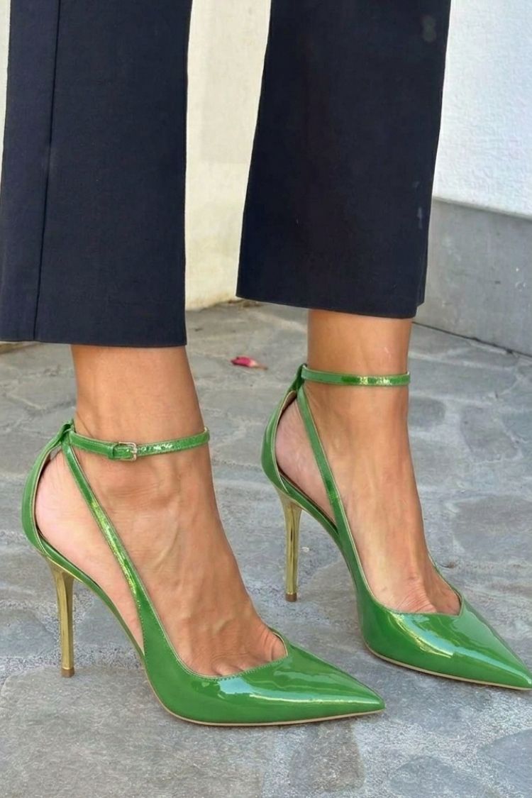 Black Patent Stiletto Heels with Ankle Strap