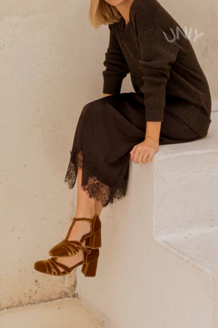 Wide Cut-Out Velvet Heels with Buckle and T-Strap