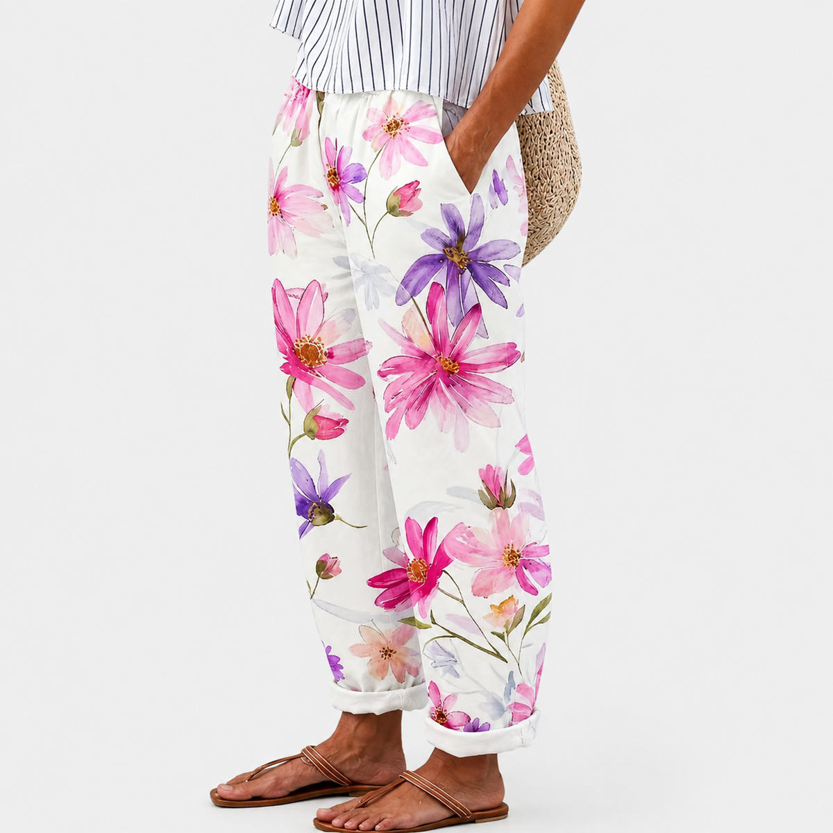 Comfortable trousers with pink and lilac floral print