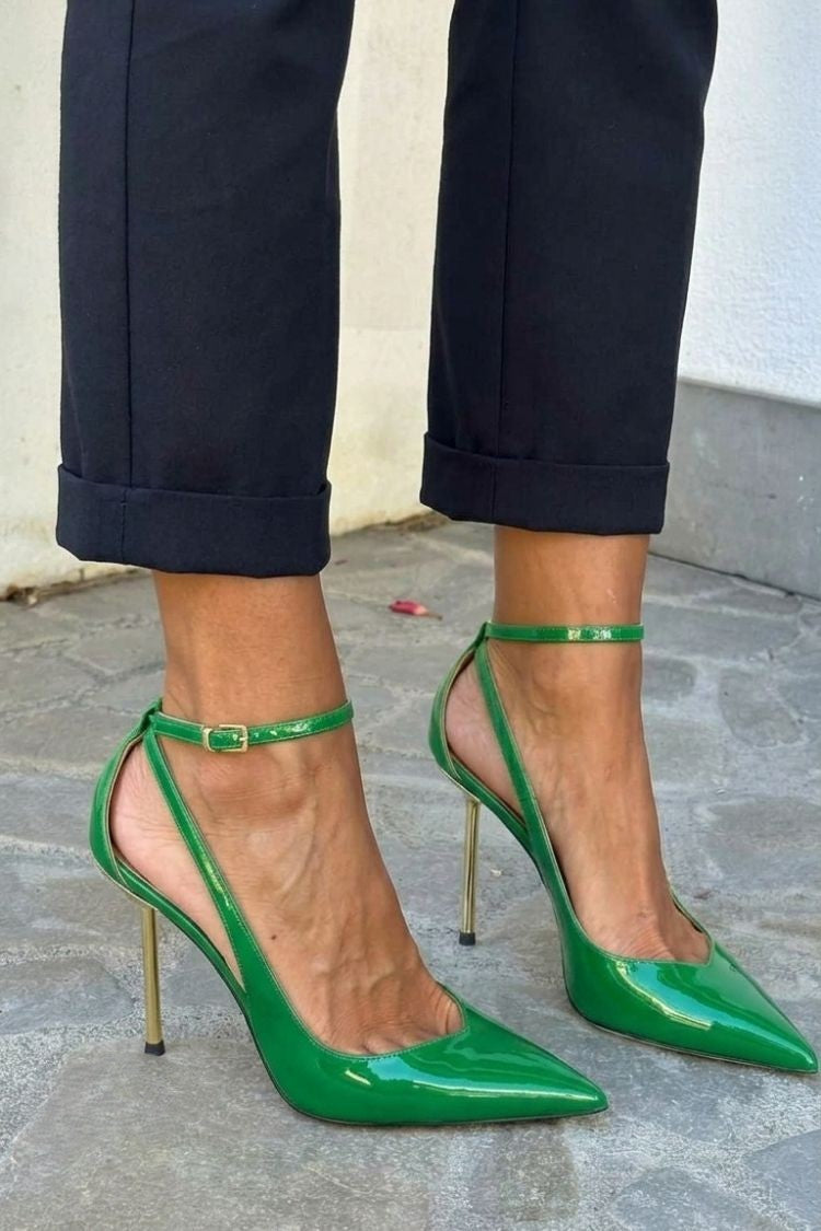 Black Patent Stiletto Heels with Ankle Strap