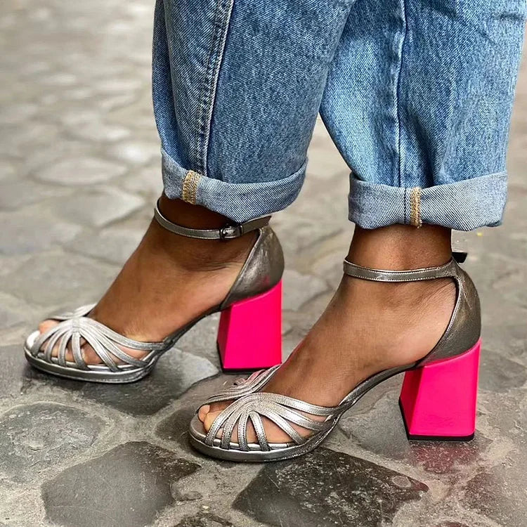 Elegant wide peep toe colour block heels with ankle strap and buckle