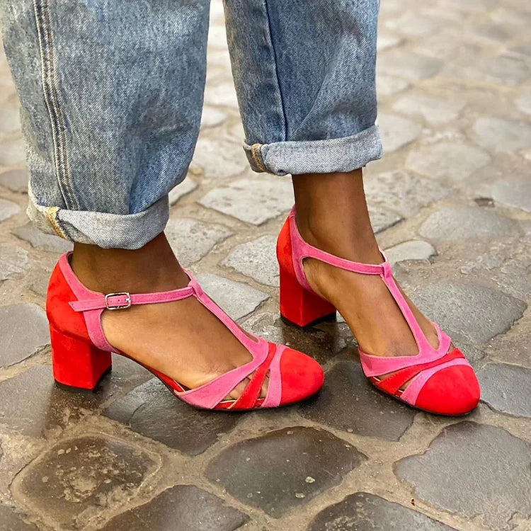 Wide Cut-Out Colour Block Fuchsia Heels with Buckle and T-Strap