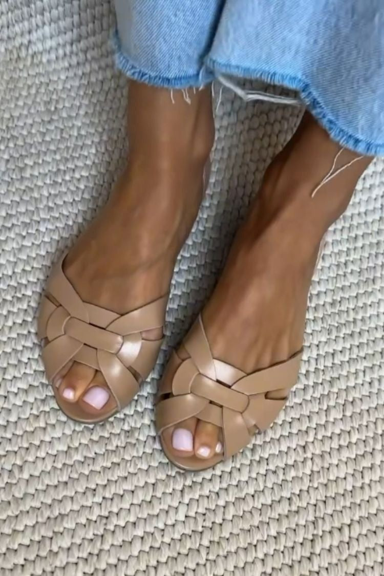 Woven Peep Toe Ballet Flats with Crossed Straps and a Closed Heel