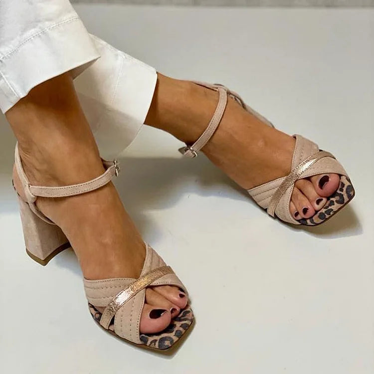 Wide heel peep toe leopard print patchwork Khaki