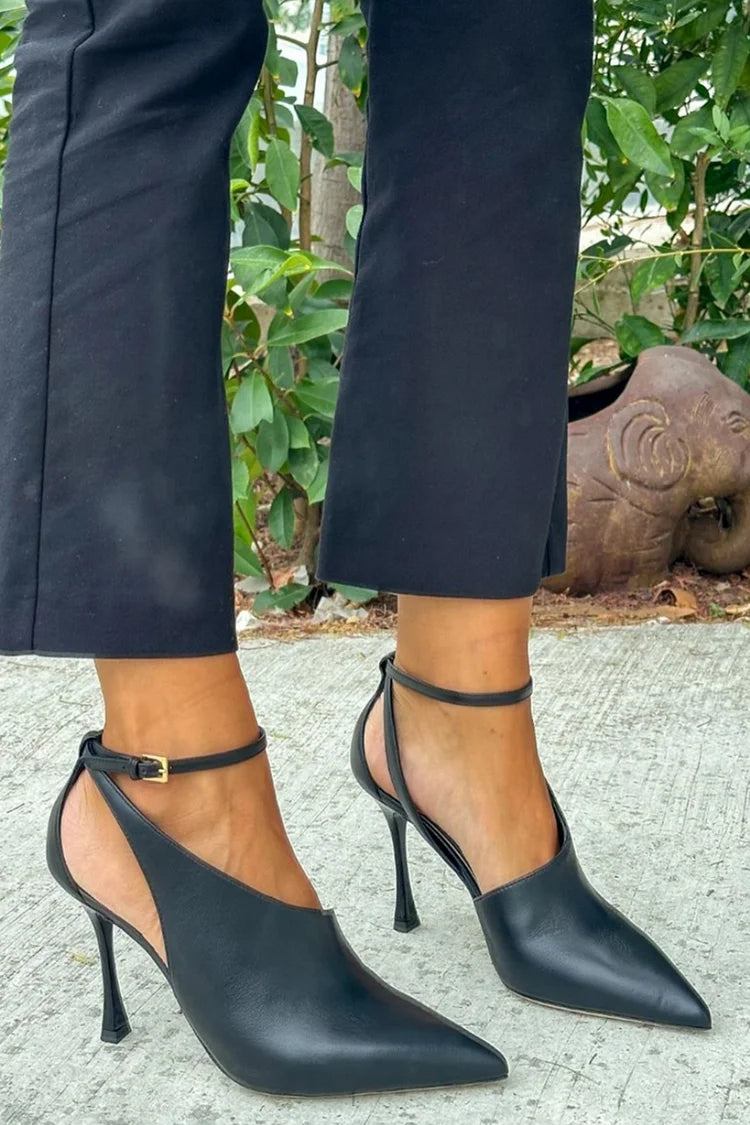Cut-out Black Stiletto Heels with Pointed Toe, Ankle Strap and Buckle