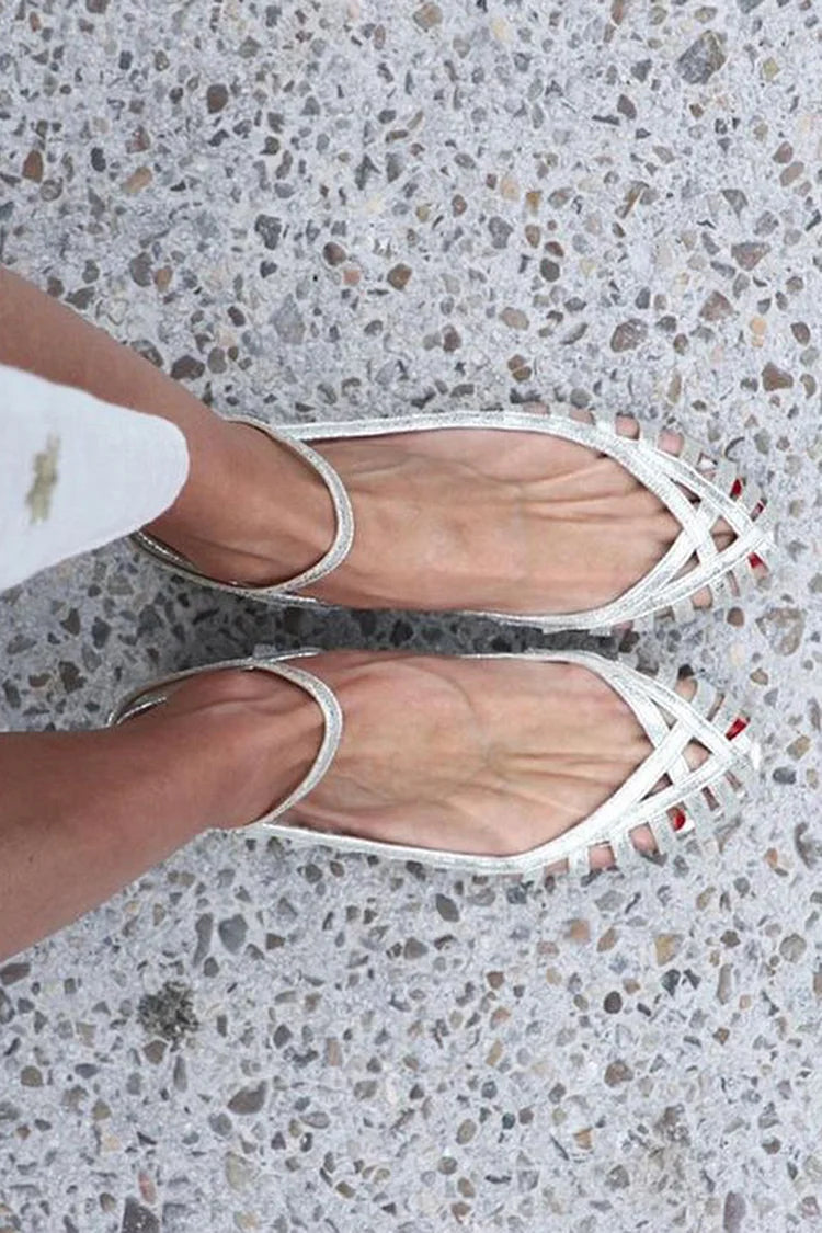 Silver Cut-Out Sandals with Round Toe and Ankle Strap
