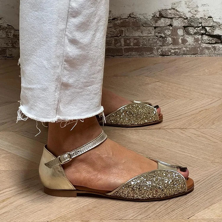 Gold Patchwork Glitter Peep Toe Sandals with Ankle Strap and Buckle