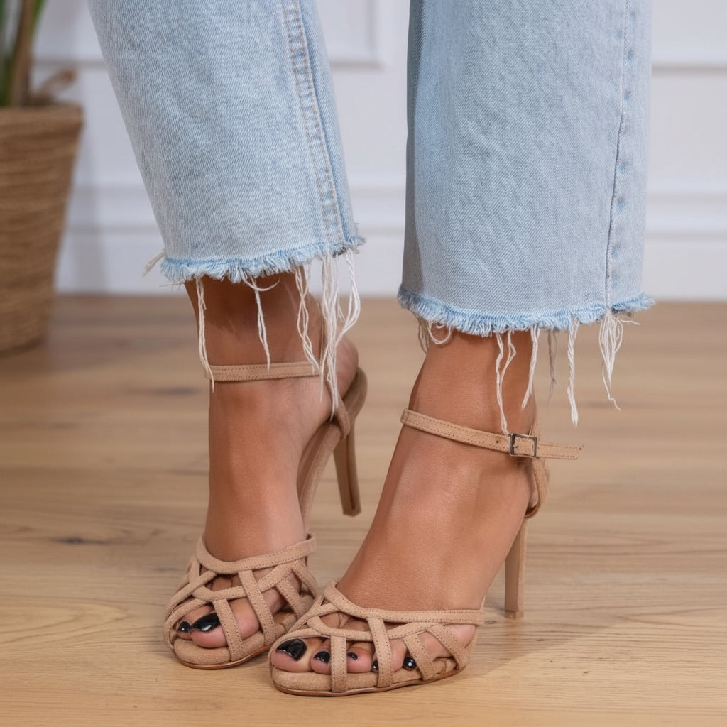 Cut-out braided suede stiletto heels with ankle strap