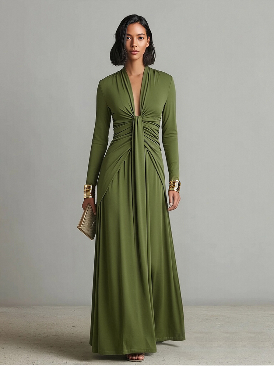 Vittoria - Olive Maxi Dress with Deep V-Neck