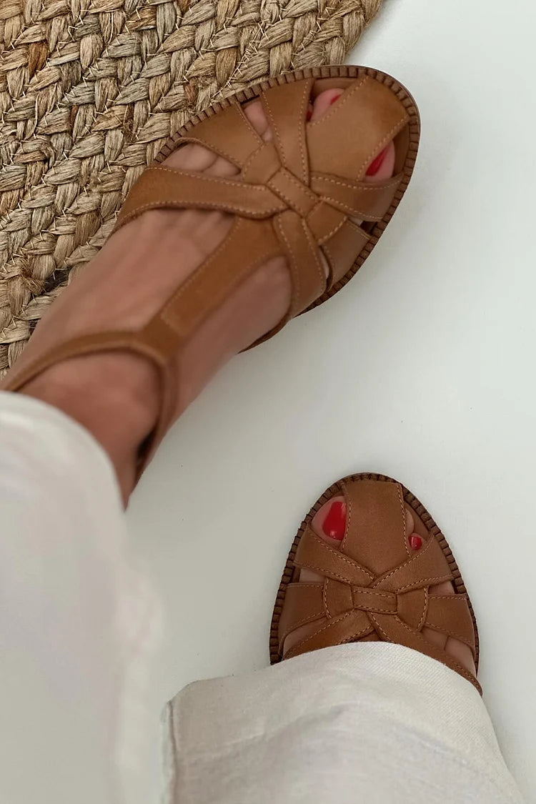 Brown Wide Cut-Out Woven Heels with Buckle and T-Strap