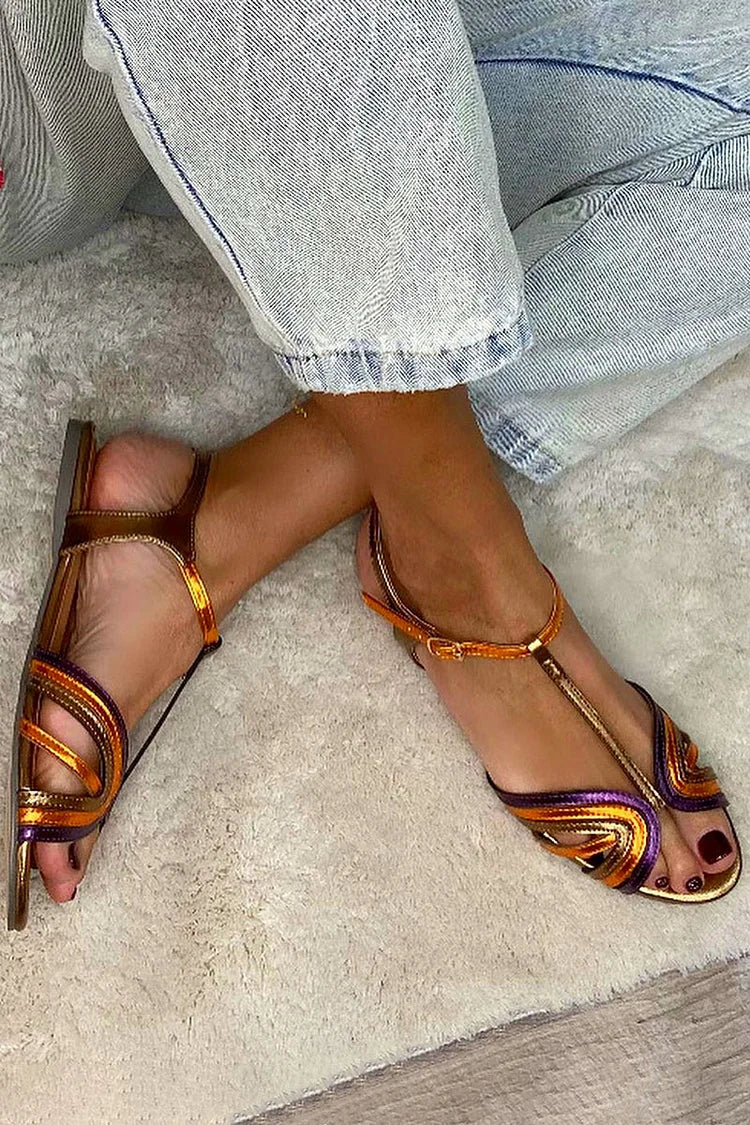 Multicoloured and Gold Peep Toe Sandals with Buckle and T-Strap