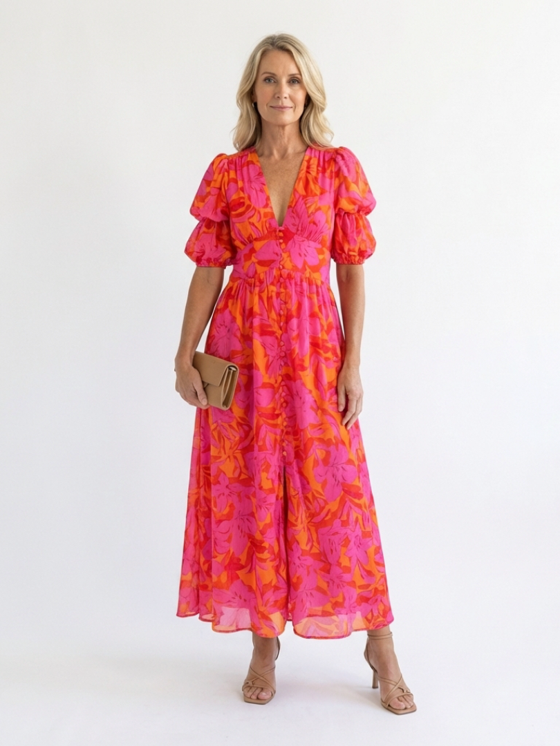 Stella & Grace | Floral V Neck Puff Sleeve Midi Dress