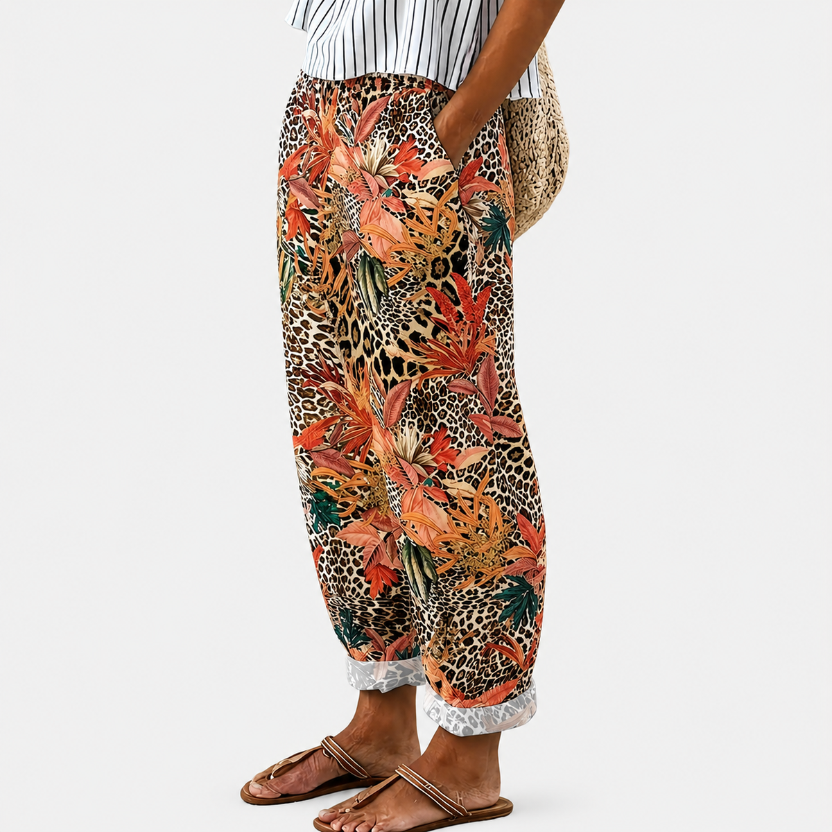 Comfortable trousers with floral and animal print