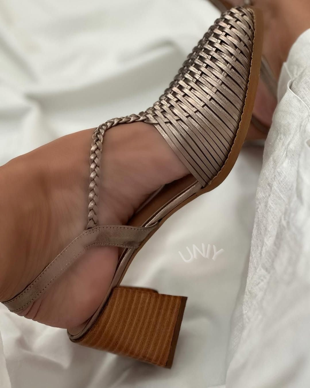 Champagne Metallic Interlaced Block Heels with Pointed Toes and Straps