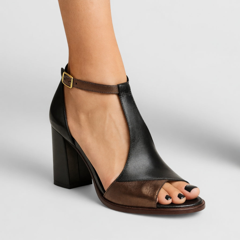 Elwira — Two-tone block heel sandals with bold urban elegance