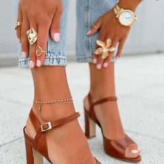 Brown Peep Toe Slingback Chunky Heels with Ankle Buckle