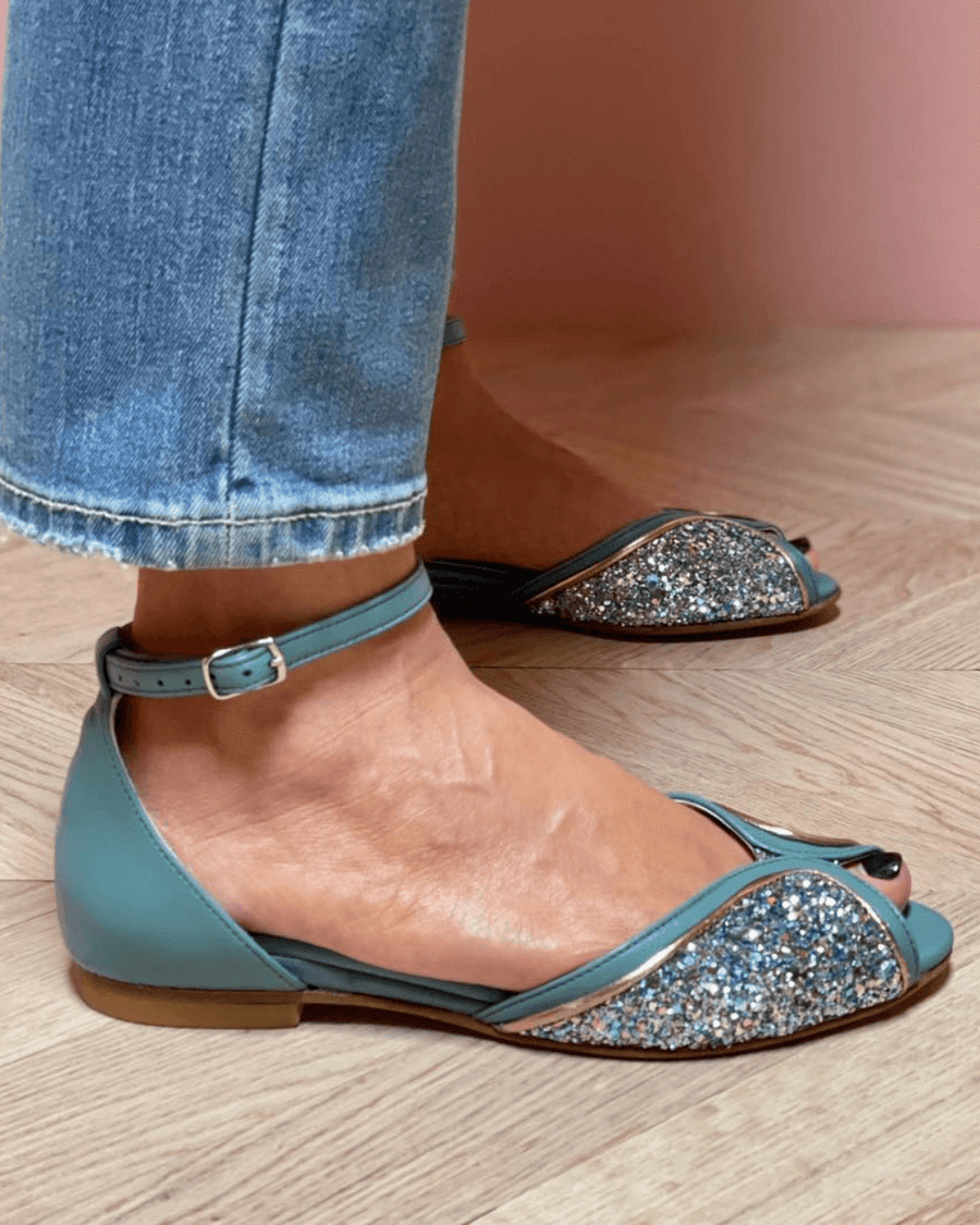 Sparkly Patchwork Peep Toe Sandals with Ankle Strap and Buckle