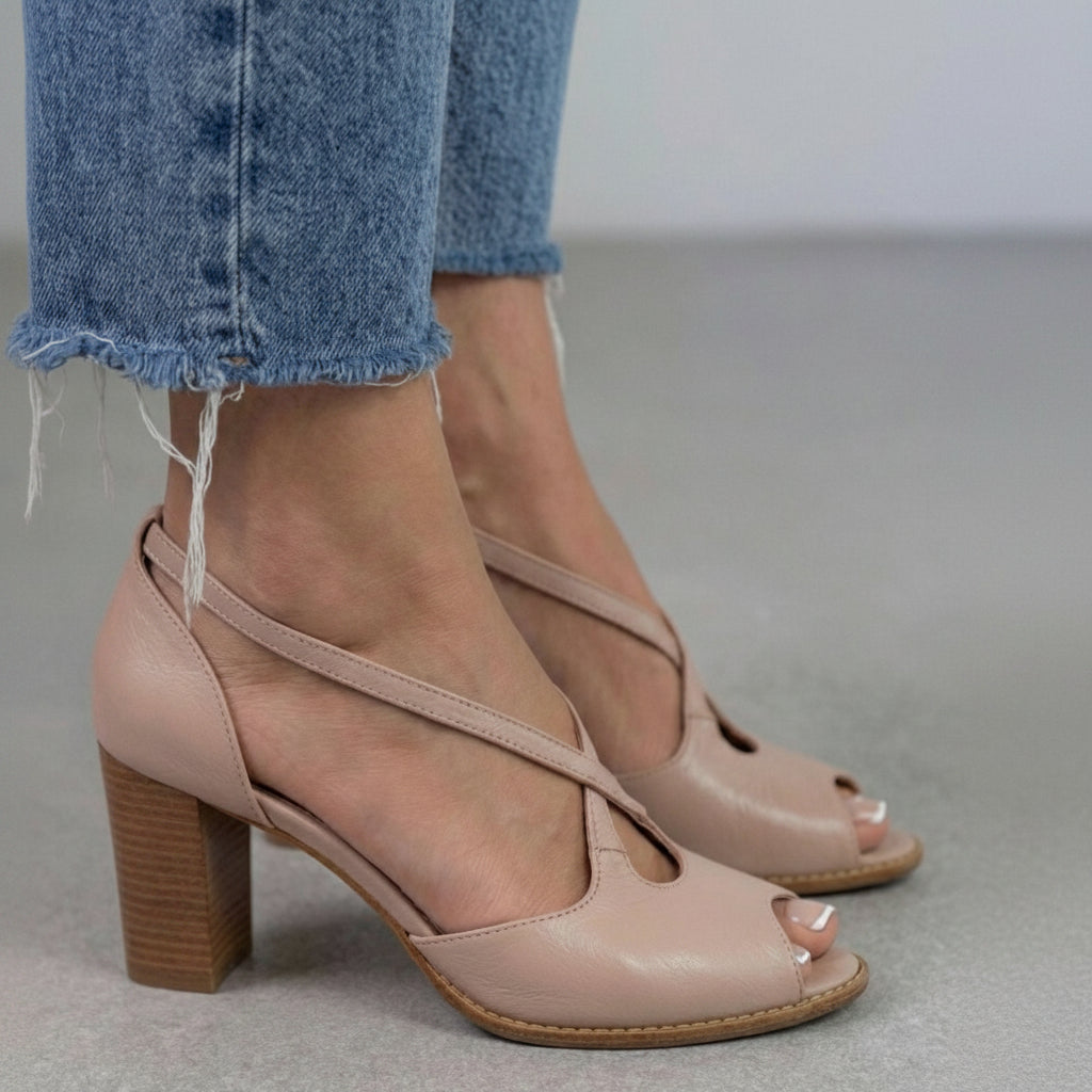 Elegant Powder Pink and Pink Open-Toe Sandals with Crossed Straps and Block Heel