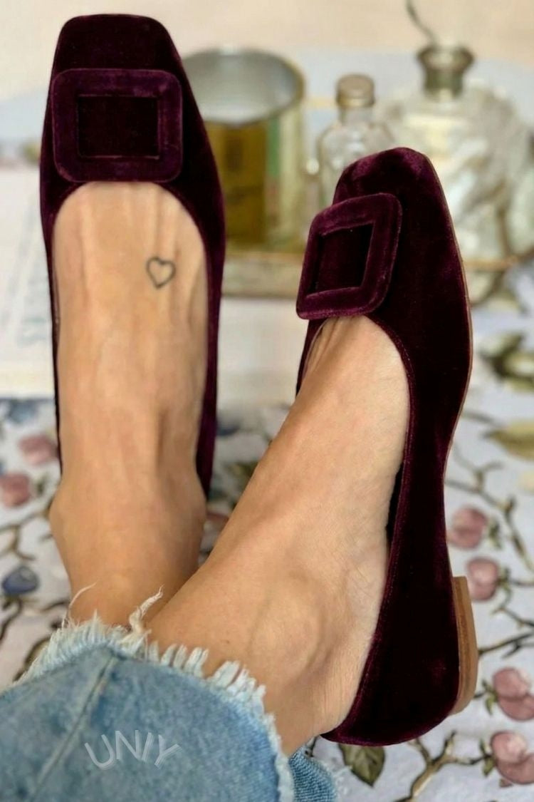 Square-Toed Velvet Ballerinas with Buckle
