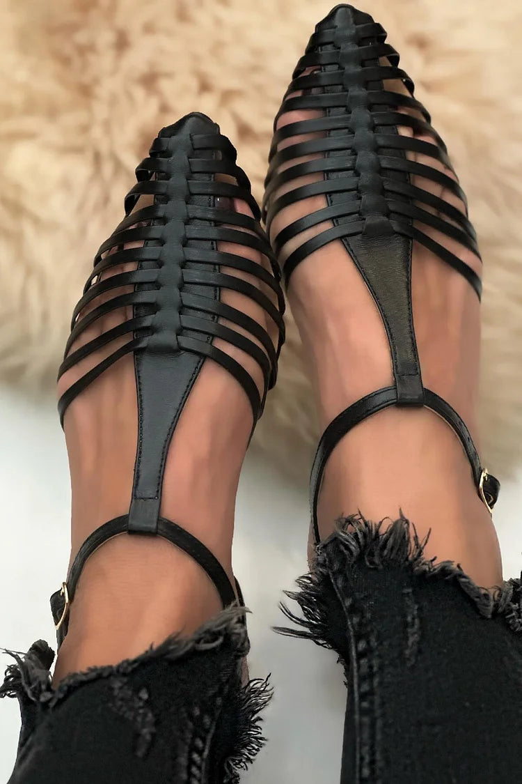 Essential Casual Black Cut-Out Sandals with Pointed Toe and T-Strap