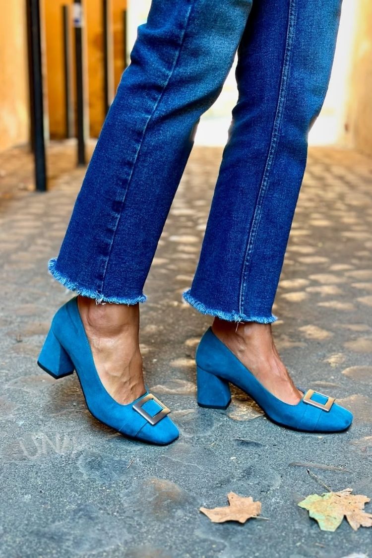 Wide Patchwork Heels Navy Blue with Square Toe