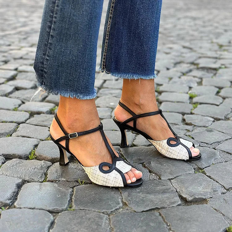 Open-toe stilettos with a contrast T-strap