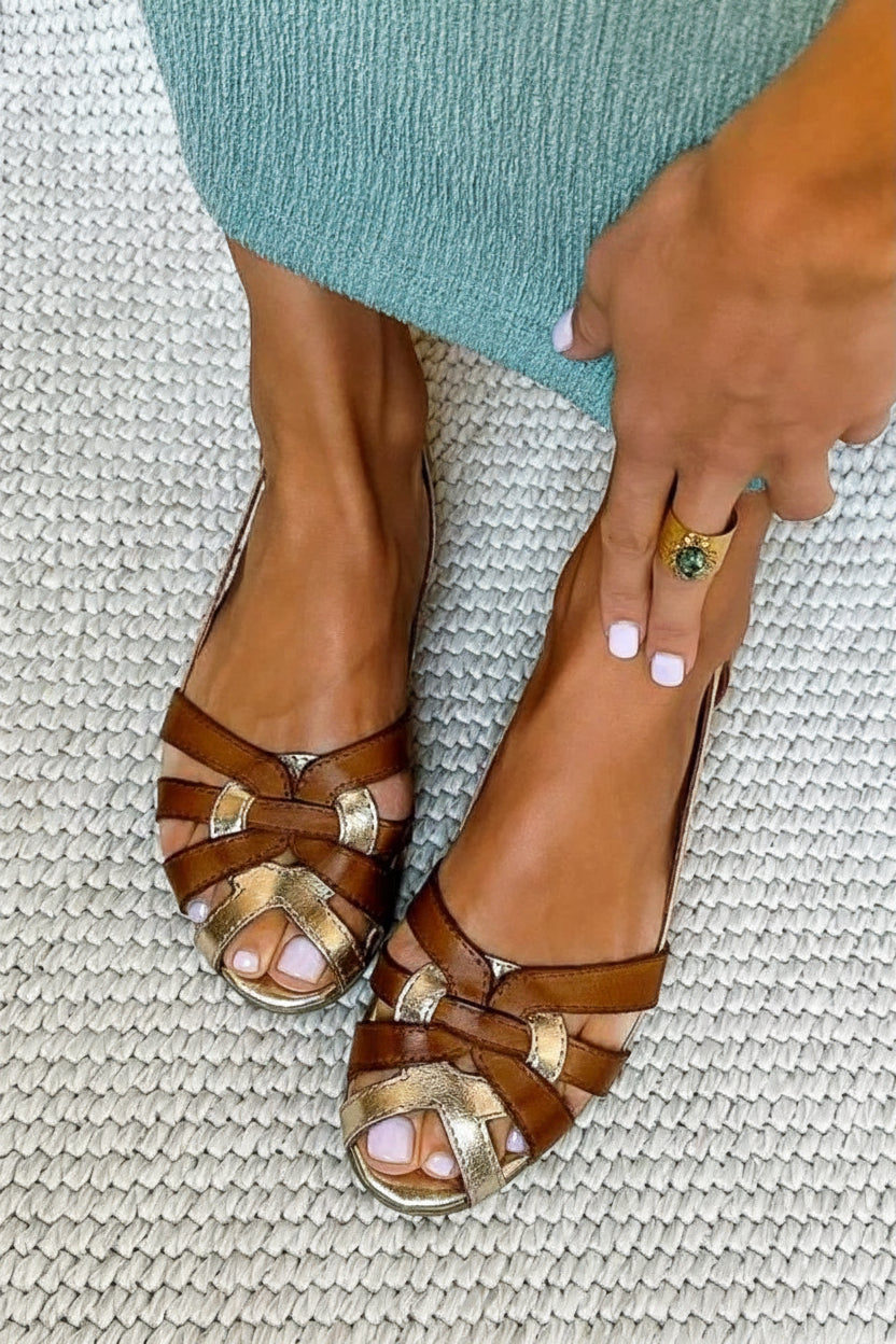 Brown Low Metallic Interlaced Summer Sandals with Straps