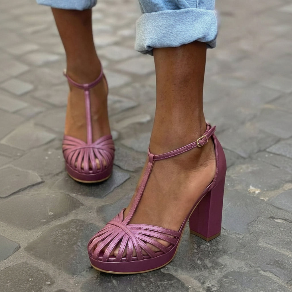 Purple round toe sandals with T-strap, platform and chunky heel