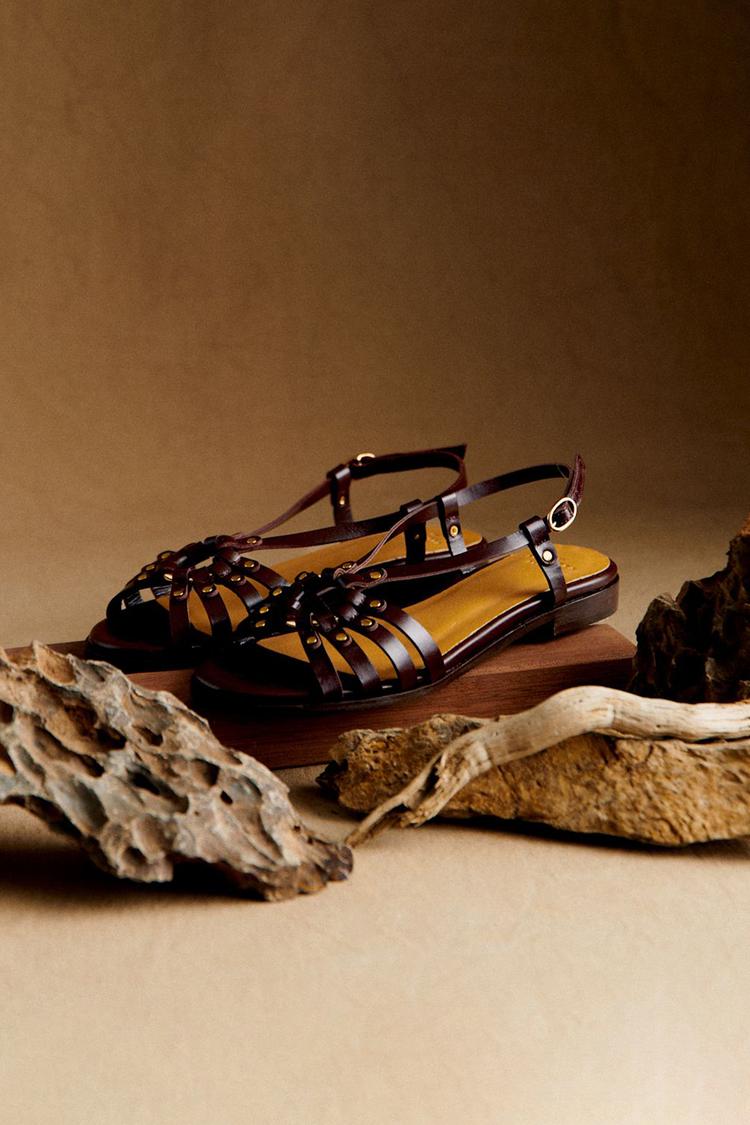 Dark Brown Cut-Out Peep Toe Sandals with Metal Studs