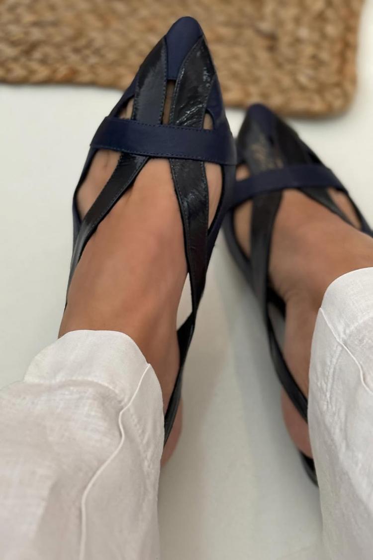 Cut-out Patchwork Slingback Ballerinas in Navy with Pointed Toe