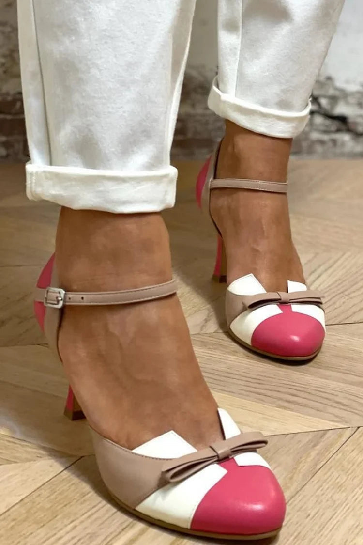 Fuchsia Colour Block Patchwork Stiletto Heels with Round Toe and Bow