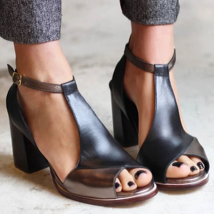 Wide peep toe patchwork Black with ankle strap