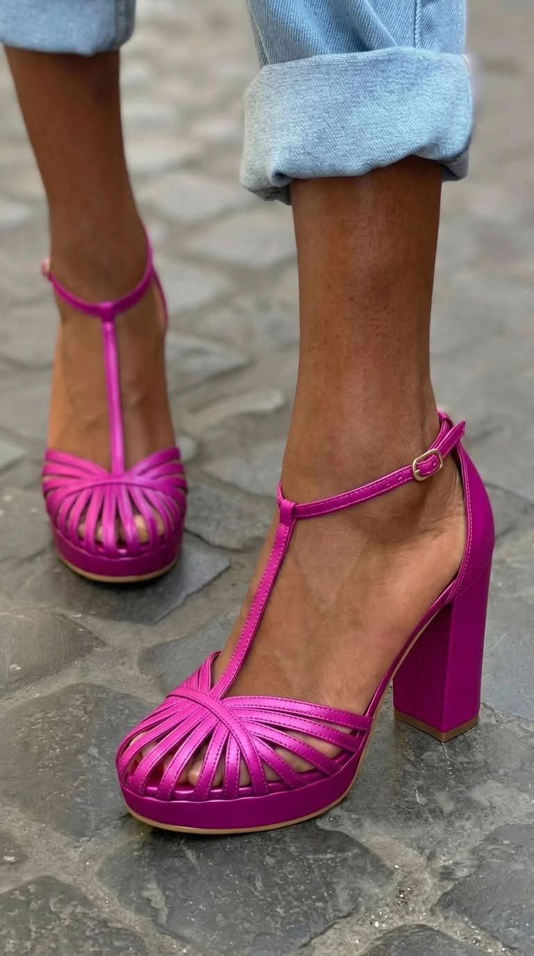 Purple round toe sandals with T-strap, platform and chunky heel