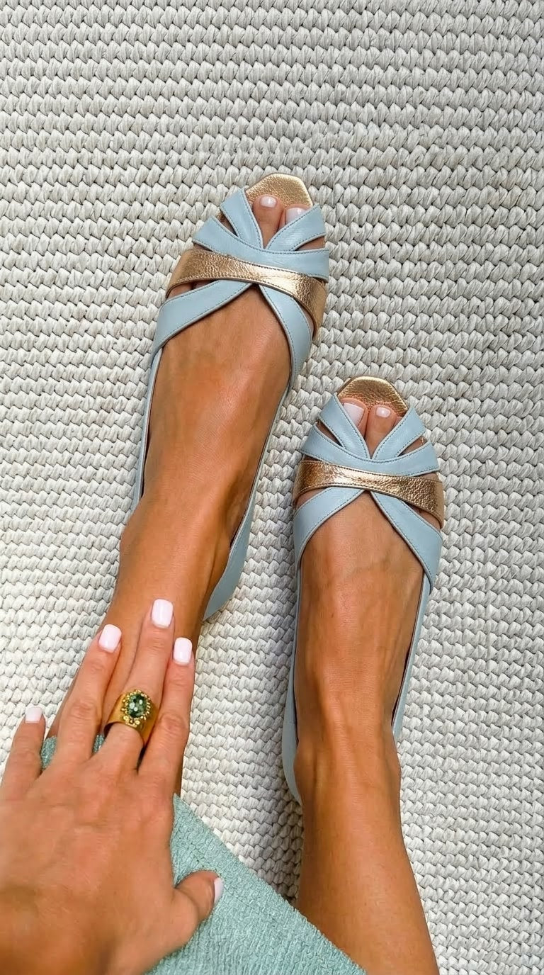 Perforated Ballerinas in Powder Blue and Metallic Gold with Open Toe