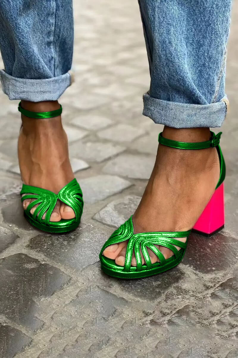 Elegant shiny colour block wide peep toe heels with ankle strap and buckle