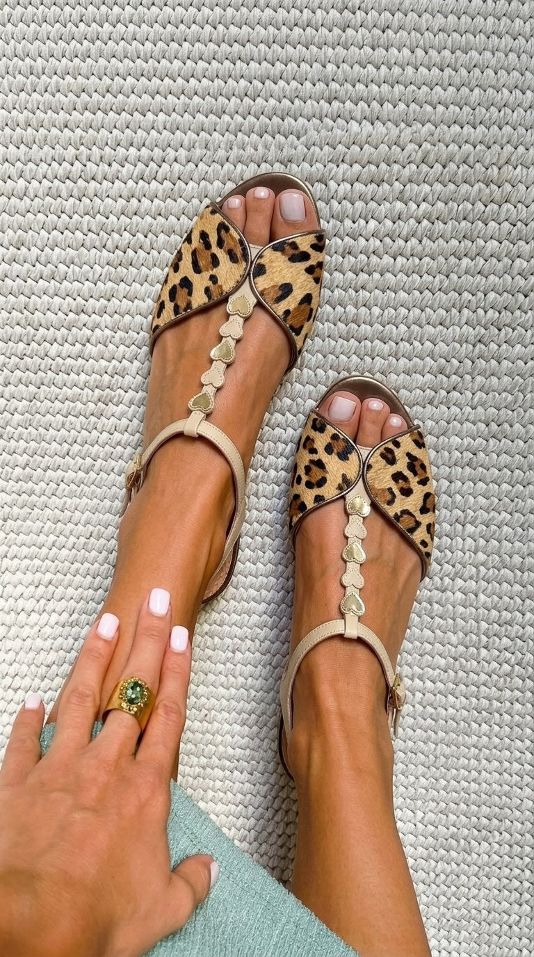 Gold Leopard Print Peep Toe Sandals in Calf Leather with T-Strap and Heart
