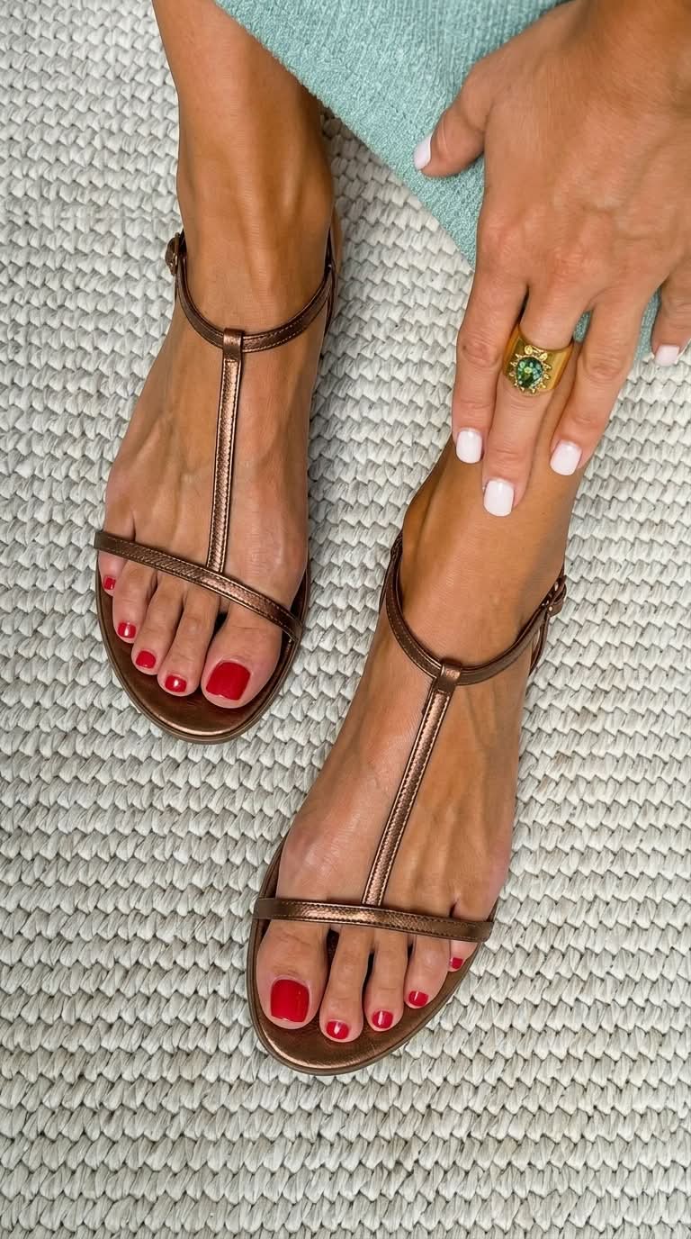 Low Metallic Summer Sandals with T-Strap