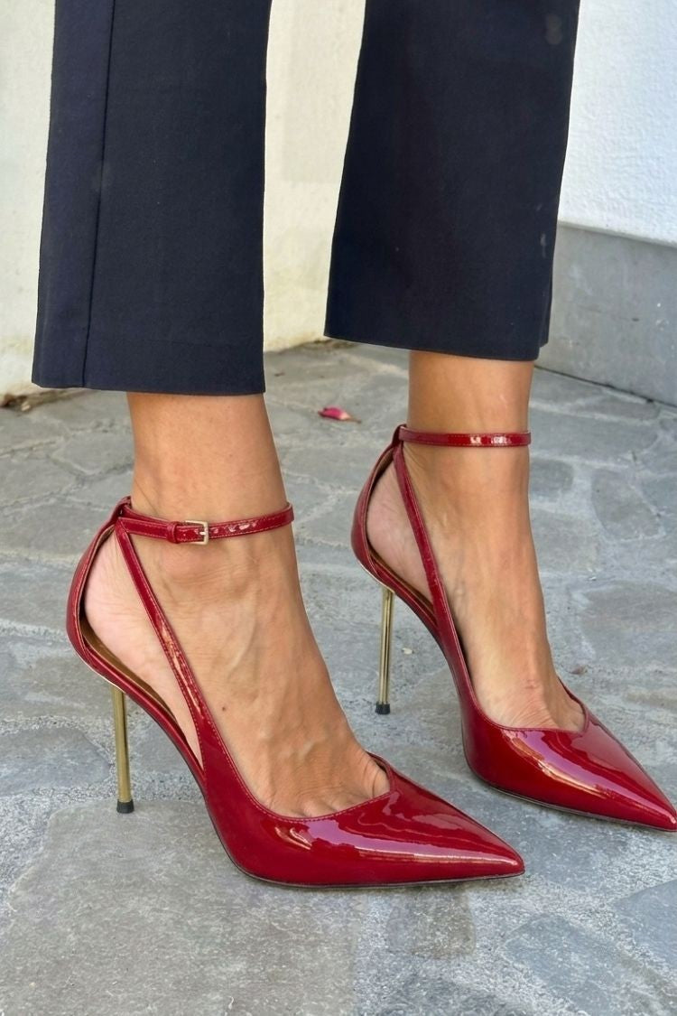 Black Patent Stiletto Heels with Ankle Strap