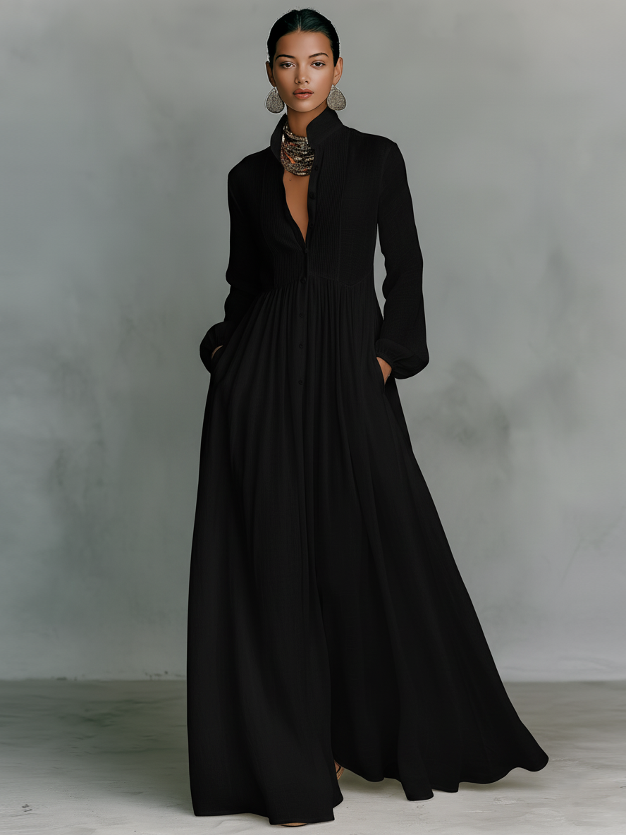 Marta - Maxi Dress with Patchwork Details and High Collar