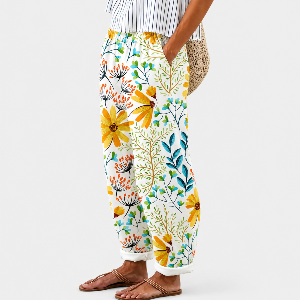 Comfort Trousers with Yellow Floral Print