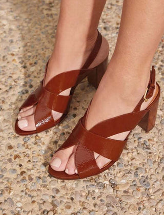 Metallic Crossover Slingback Sandals with Block Heel