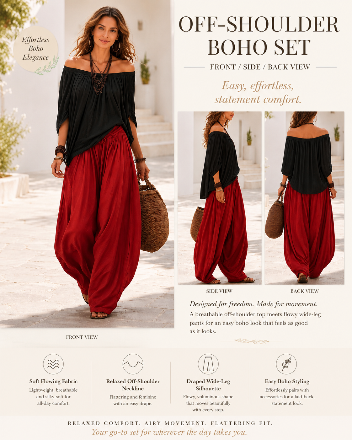 Colourblock Loose Off-Shoulder Top and Lantern Pants Set
