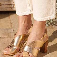 Metallic Crossover Slingback Sandals with Block Heel