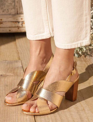 Metallic Crossover Slingback Sandals with Block Heel