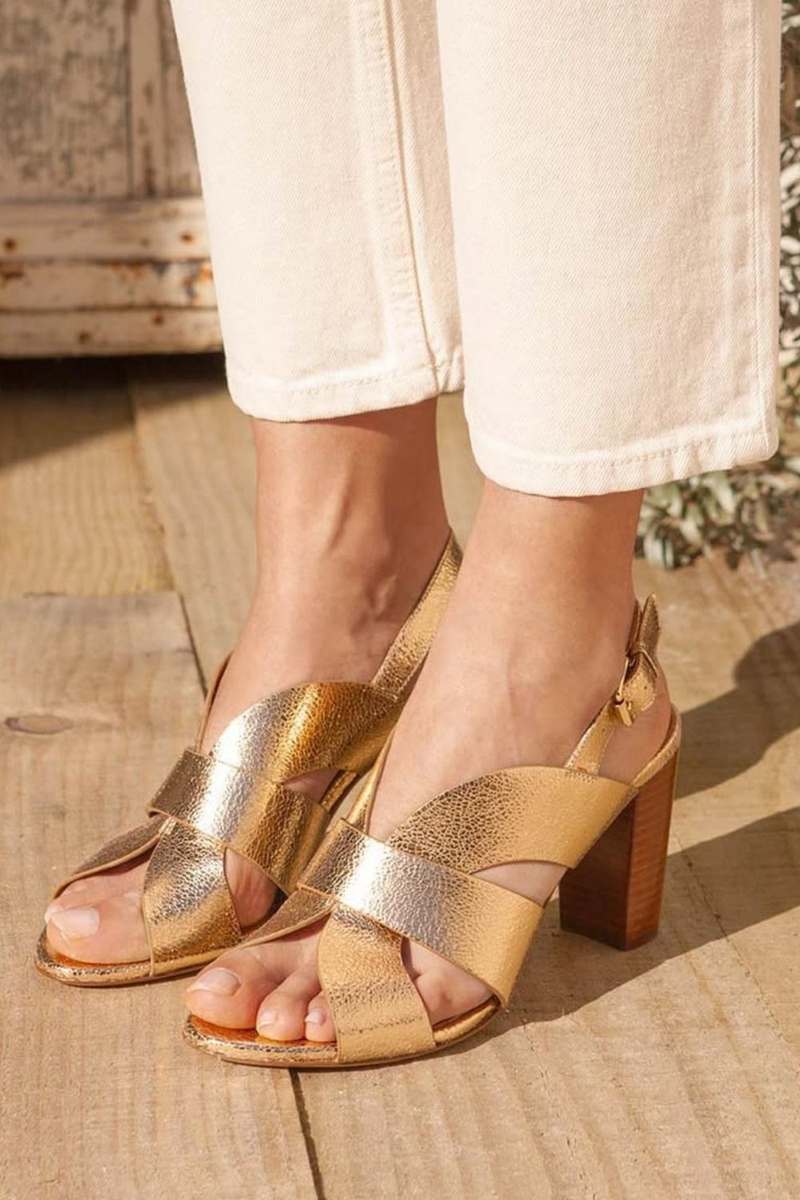 Metallic Crossover Slingback Sandals with Block Heel
